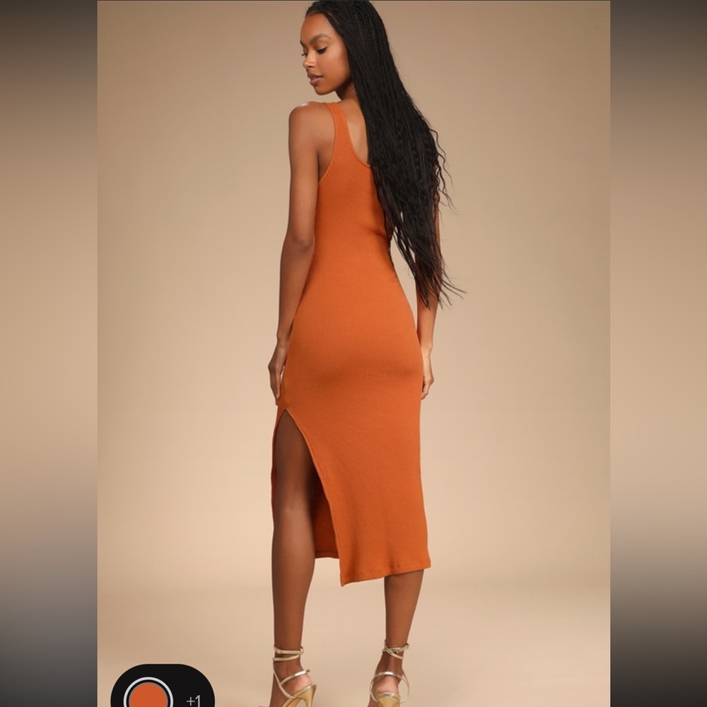 Lulu's Rust Orange Ribbed Midi Tank Dress - Picture 3 of 13